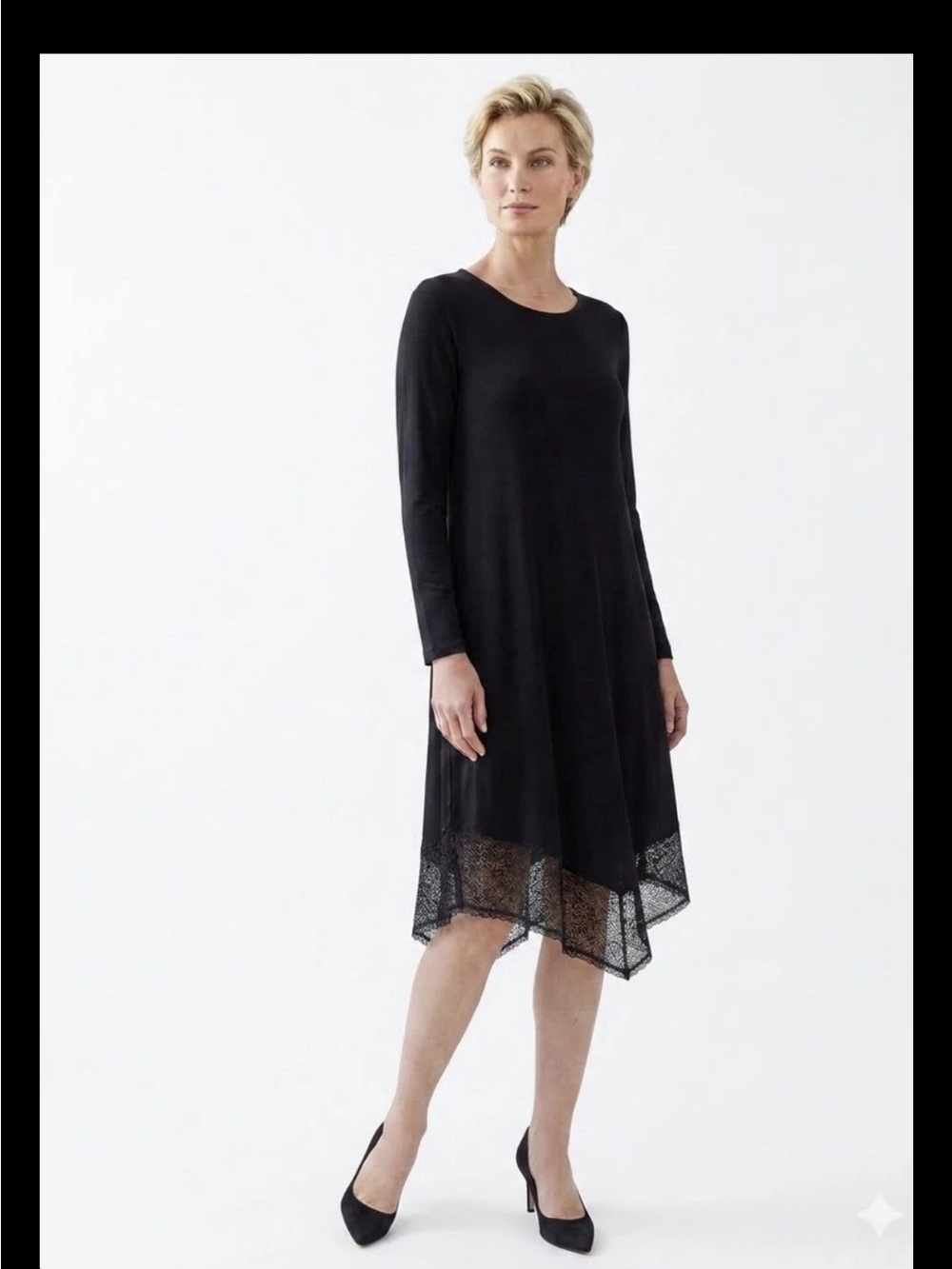 Eileen Fisher Black Long-Sleeve Handkerchief-Hem Dress with Lace Trim
